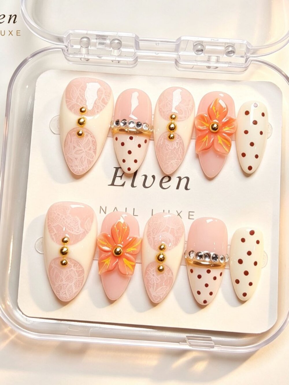 Sweet Nude French Medium Almond Press On Nails with Lace, 3D Flower & Polka Dot